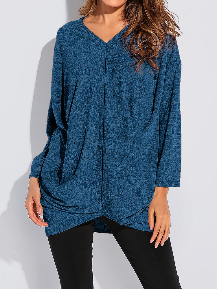 

Asymmetrical Pleated Long Sleeve Shirt, Lake blue light grey