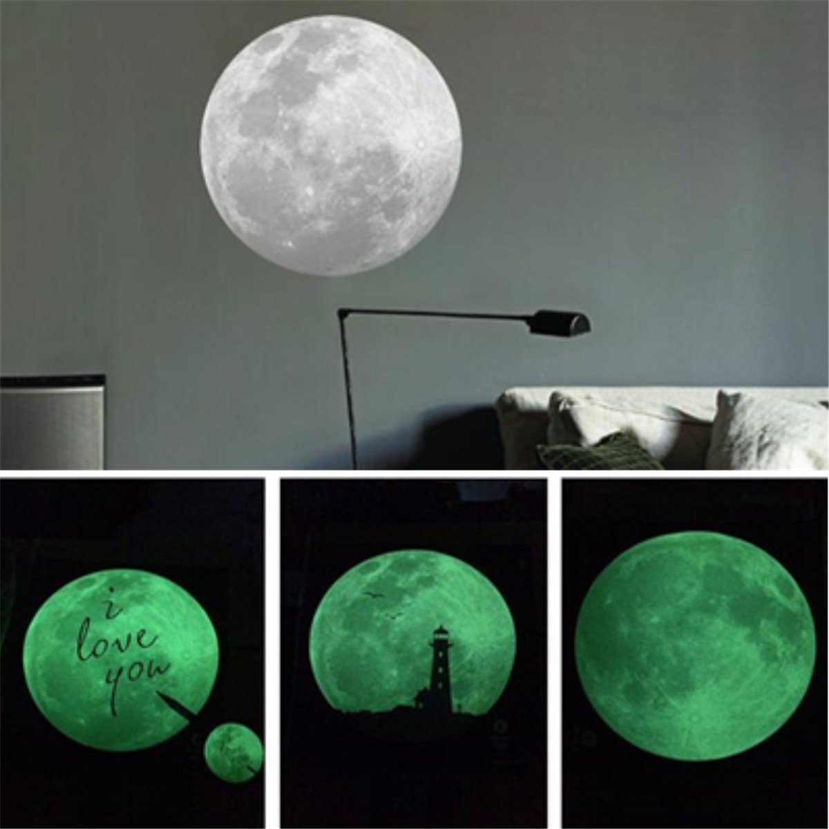 

luminescent fluorescent lights Moon Shape Wall Stickers Home Decor, White