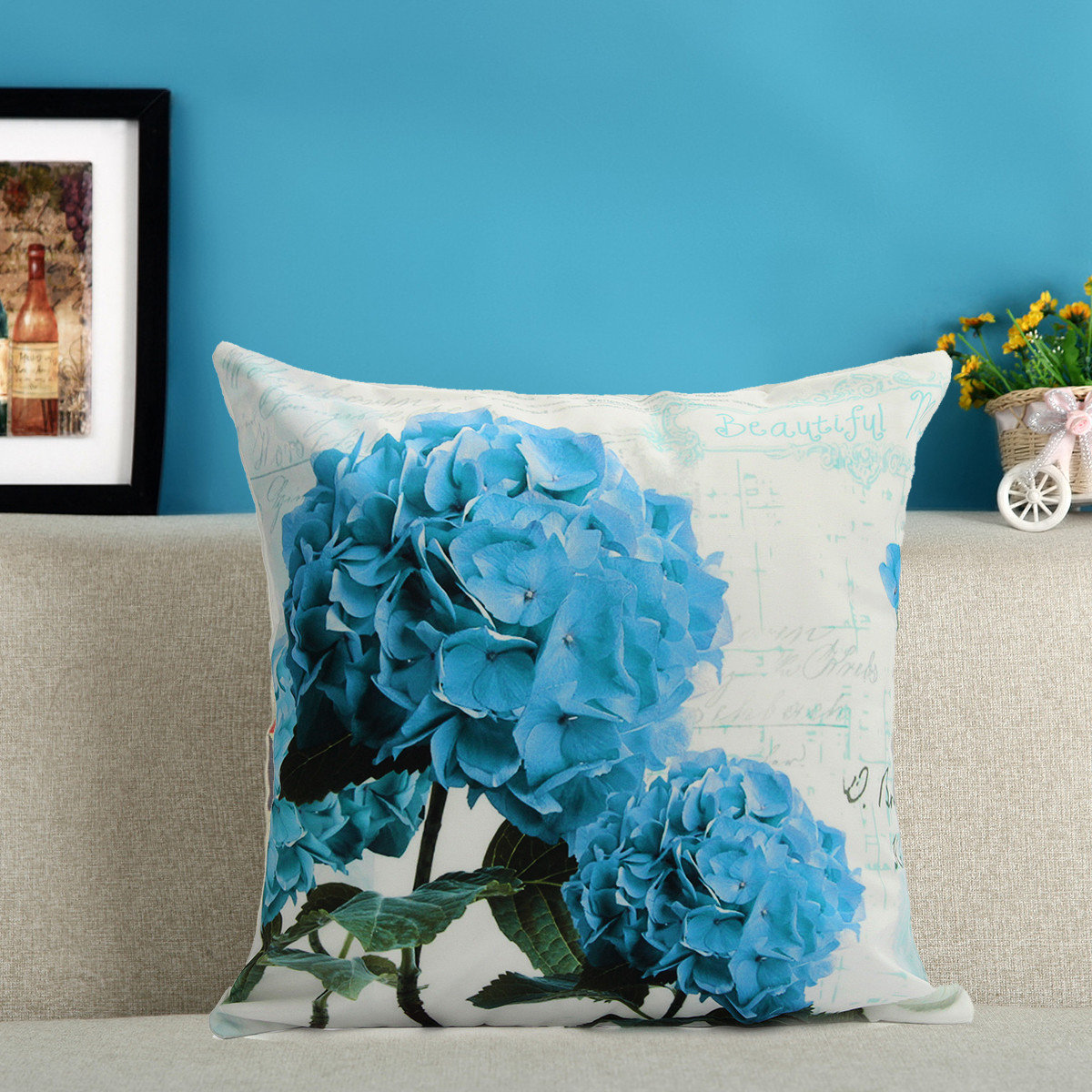 

45x45cm Teal Hydrangea Canvas Throw Pillow Case Decorative Pillowcase Sofa Cushion Cover