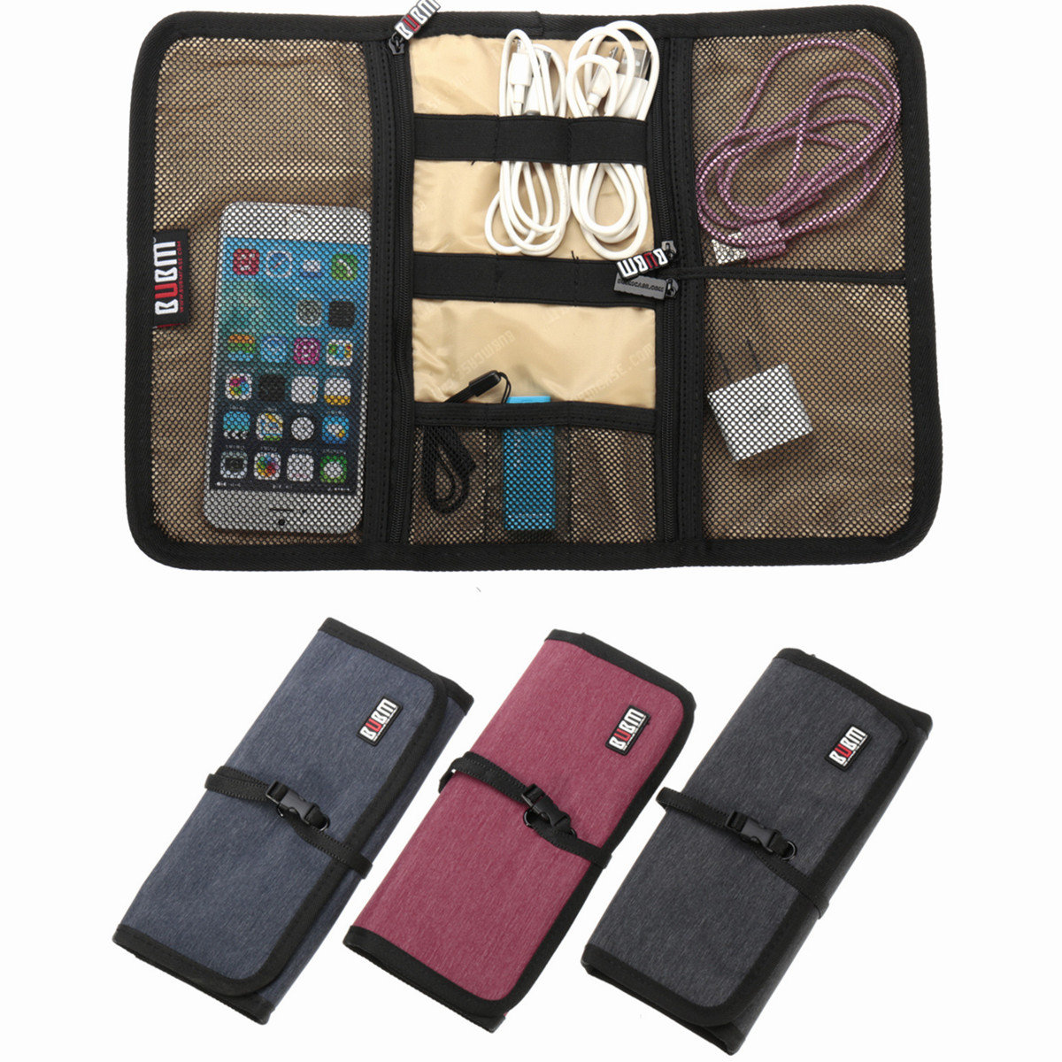 

BUBM M Digital Storage Bag Folding Carry Case Spring Rolls Shape Power Bank Drive Bag, Blue rose