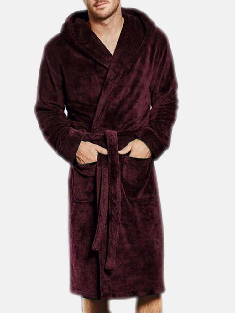 

Knitting Coral Fleece Thicken Hooded Pajamas, Blue wine red