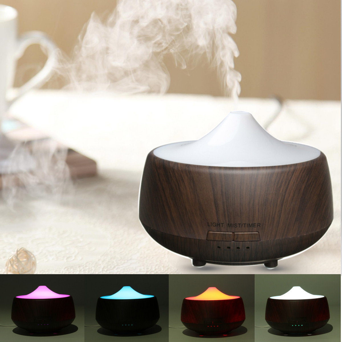

Ultrasonic LED Color-changing Humidifier Dark Wood Grain Diffuser Aromatherapy Spa Essential Oil, White