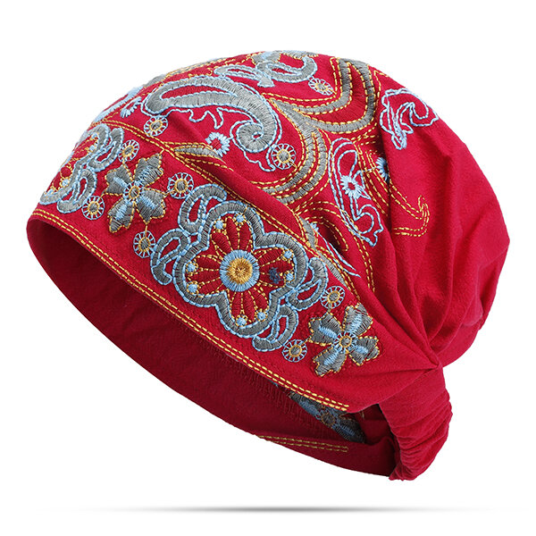 

Embroidery Ethnic Cotton Beanie Hat, Red deep red rose red