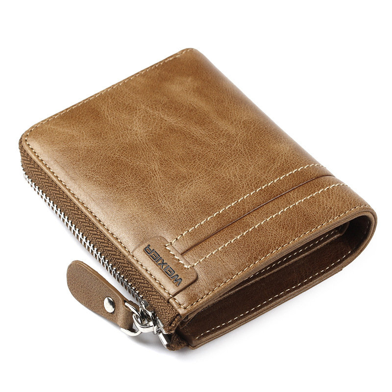 

Vintage Genuine Leather Zipper Multi-Slots Trifold Wallet Fo, Khaki deep brown black