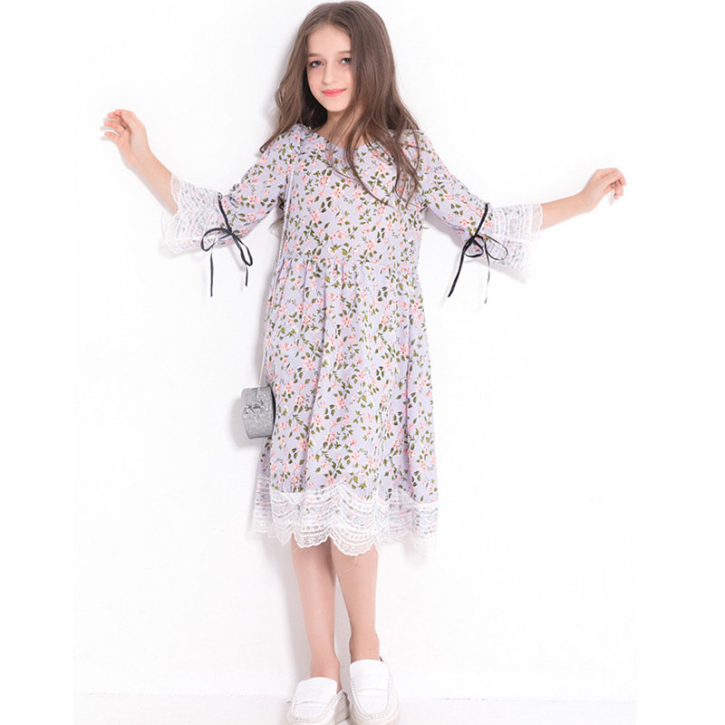 

Floral Girls Flare Sleeve Dress For 6Y-15Y, Light purple