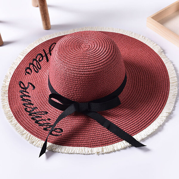 

Sunscreen Breathable Foldable Straw Hat, Red khaki white sky blue