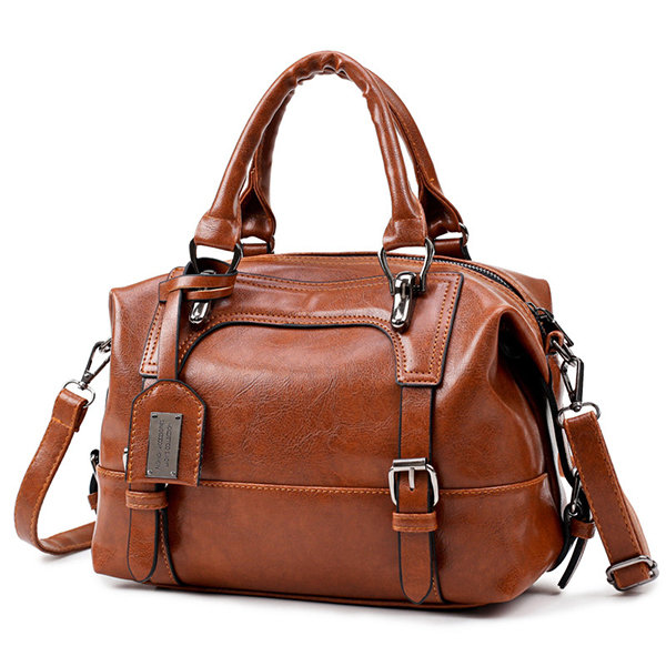 

Vintage PU Leather Boston Handbag Shoulder Bag, Black brown
