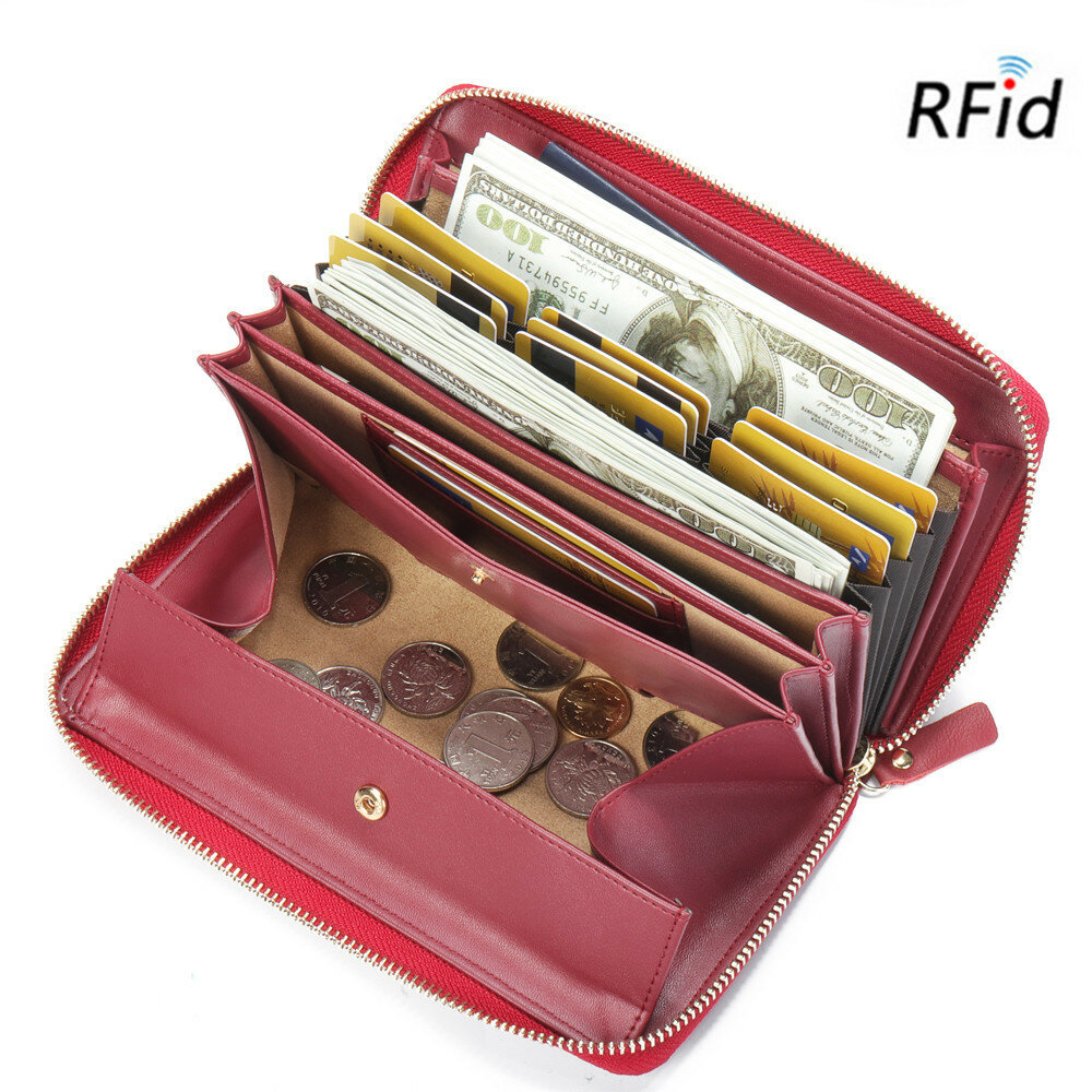 

Brenice RFID Cowhide Zipper Long Wallets Large Capacity Bags, Brown blue green red black claret