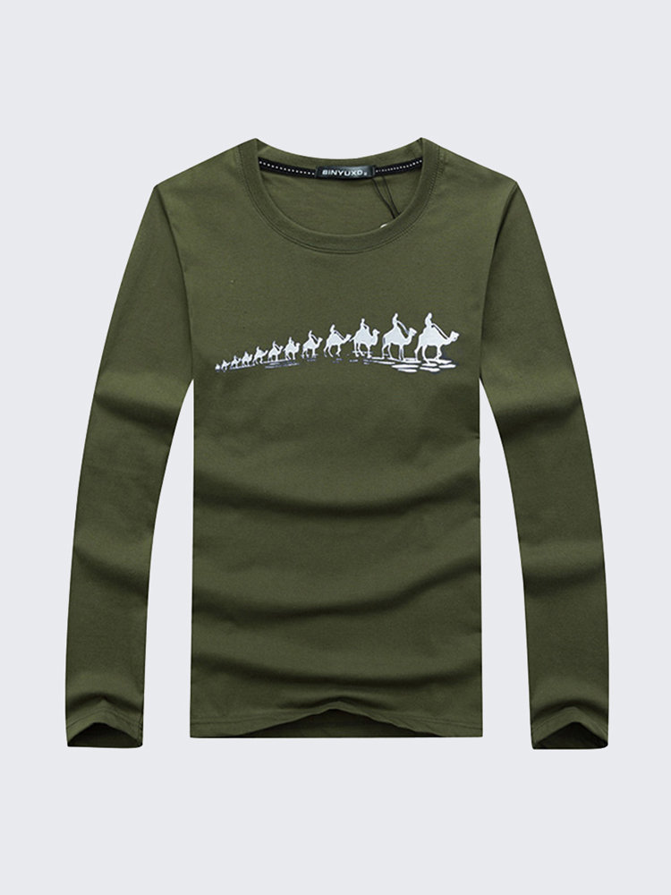 

Plus Size Casual Cotton Camel Printing O-Neck Long Sleeve T-Shirt For Men, Light blue army green white gray black dark blue wine red