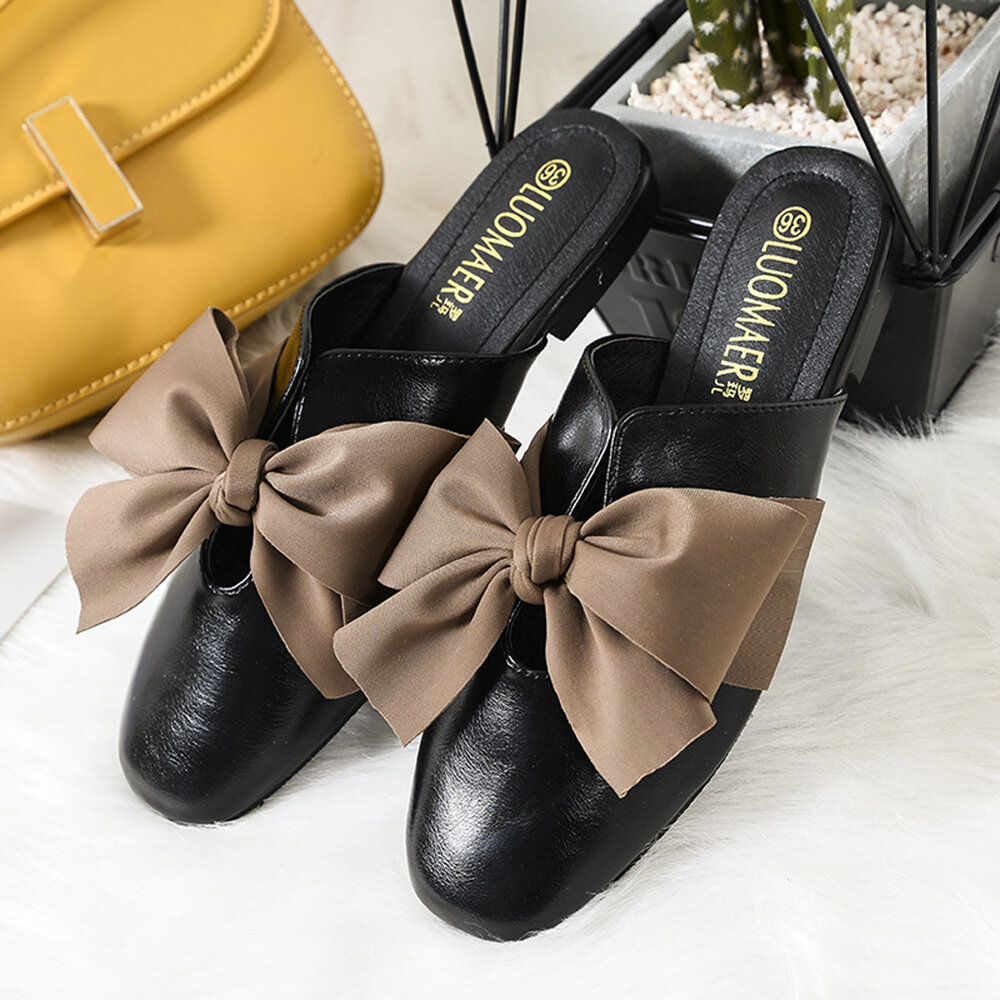 

Bowknot Round Toe Mules, Black brown white