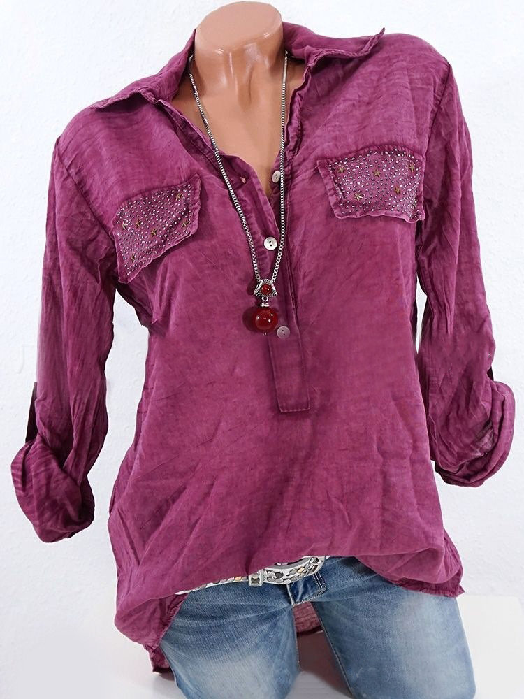 

Casual Lapel Sequins Decorated Women Shirts, Pink grey navy army green wine red brown