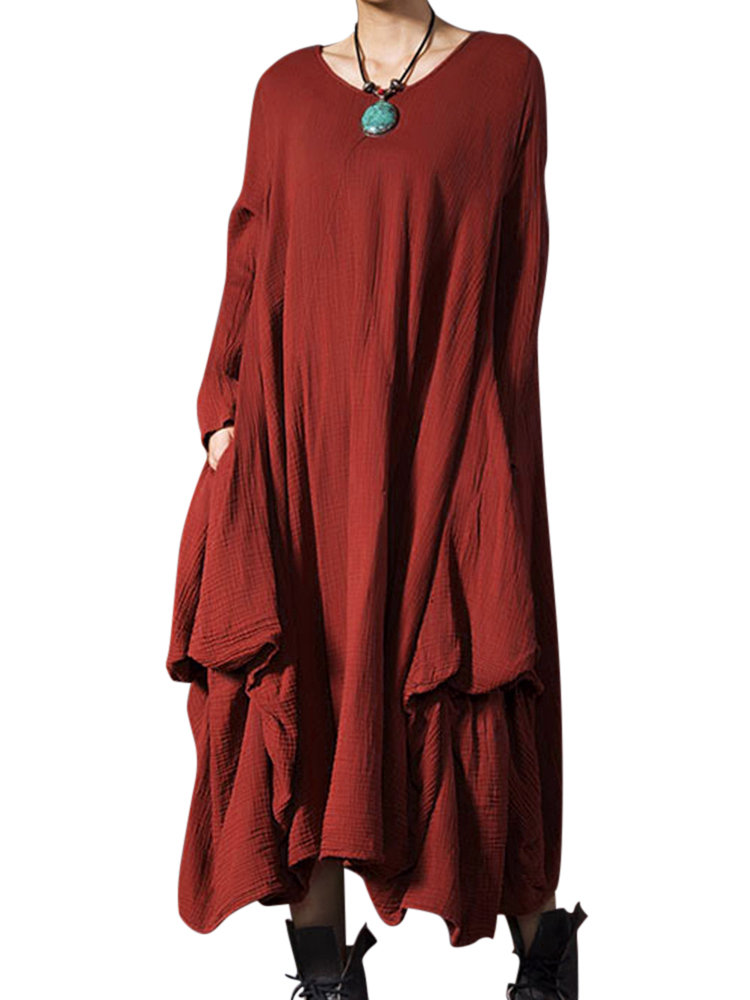 

O-Newe Loose Pure Color Long Sleeve O-Neck Asymmetric Dress, Blue rust red