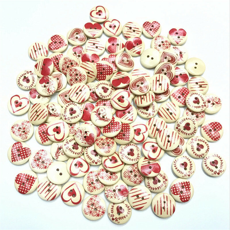 

100 Pcs Multicolor Heart Shaped 2 Holes Wood Sewing Buttons, White