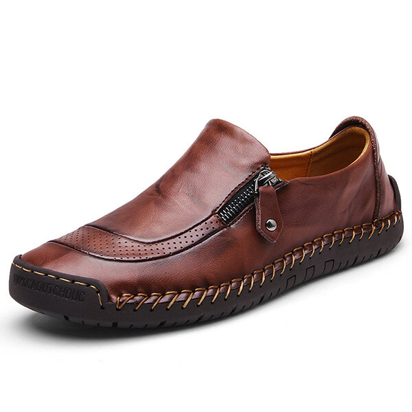 

Menico Men Hand Stitching Zipper Slip-ons Leather Shoes, Black brown dark brown