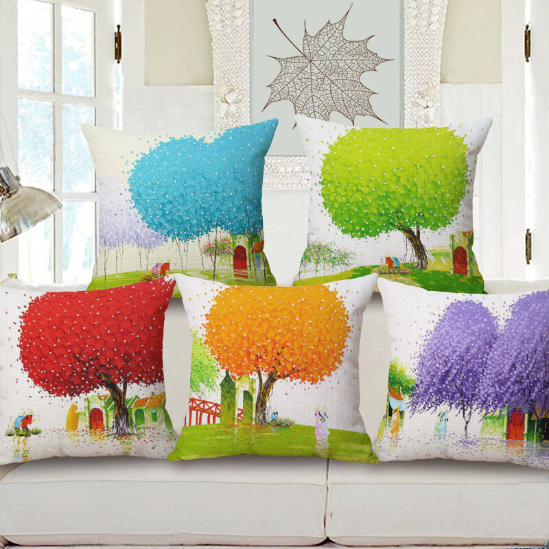 

45x45cm Creative Tree Oil Painting Decorative Cushion Cover Pillowcase Home Decor For Sofa Car, White