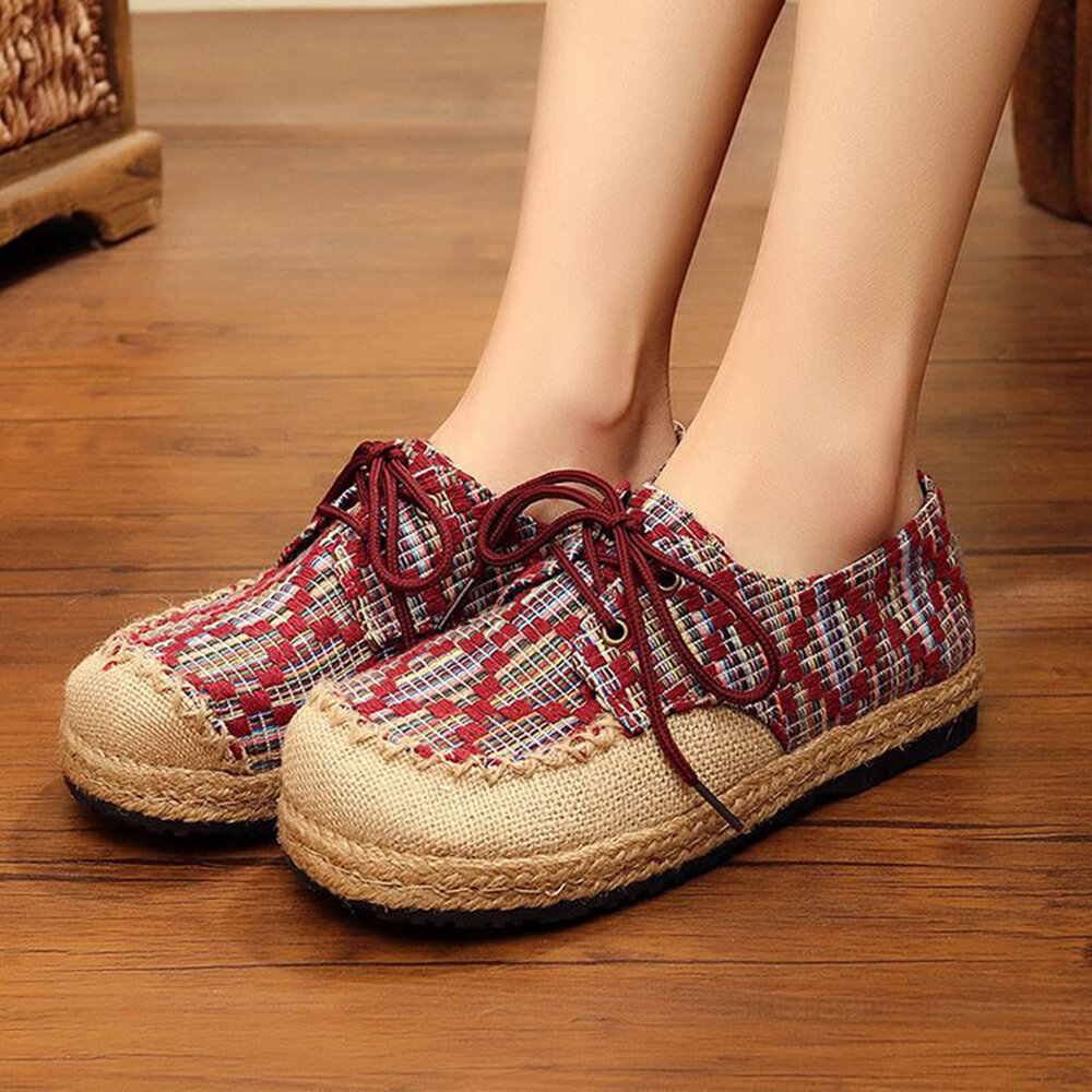 

Flax Stitching Mixed Color Lace Up Round Toe Flat Shoes, Red