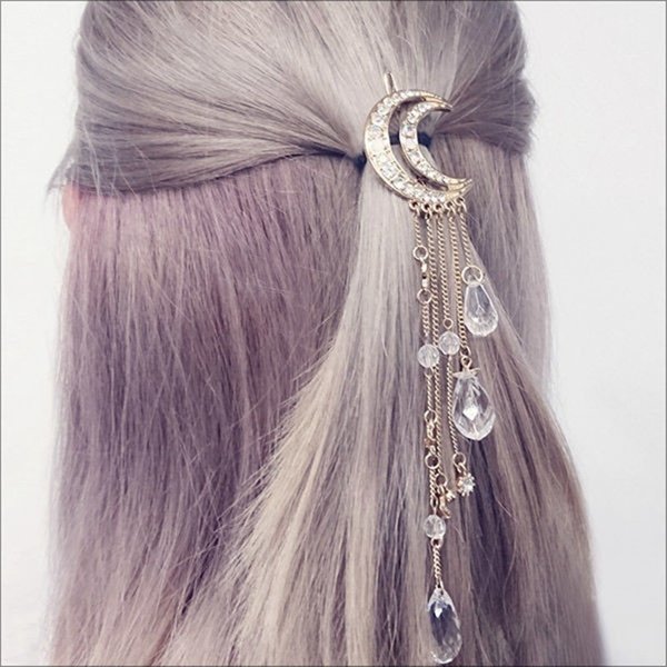 

Moon with Crystal Tassels Hair Clip, Gold