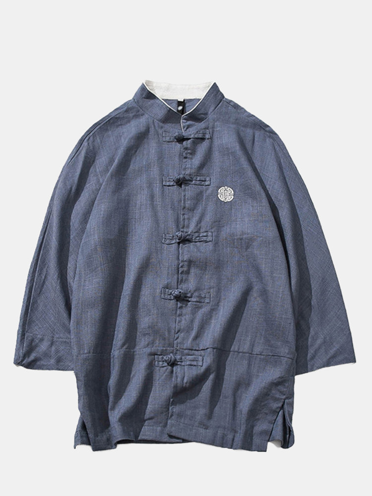 

Retro Chinese Style Stitching Button Tang Shirts, Black light blue blue khaki