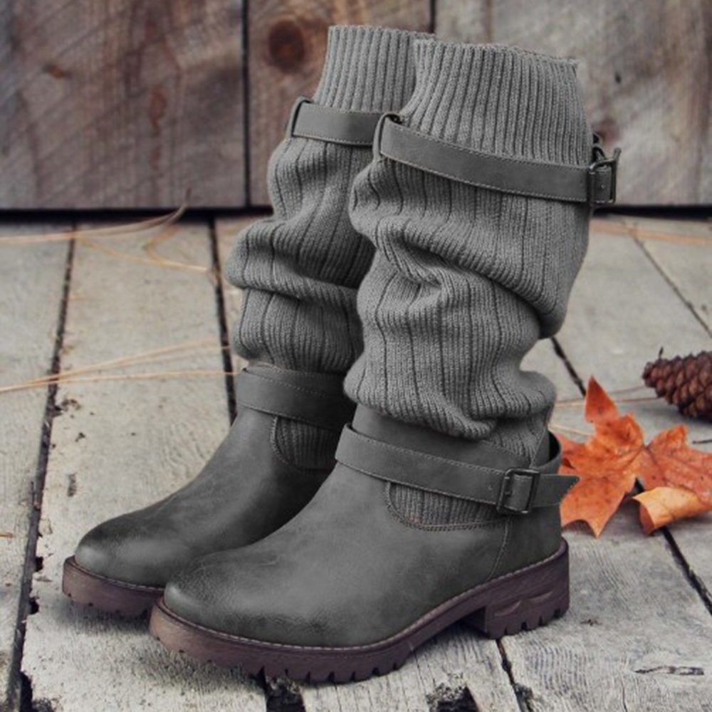 

Wool Knitting Round Toe Platform Mid Boots, Grey brown black
