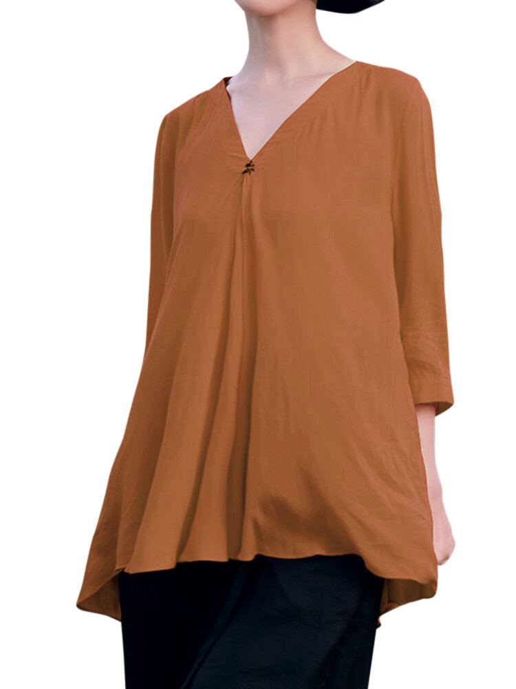 

O-NEWE Casual Solid Color V-Neck Blouse, Brown royal green