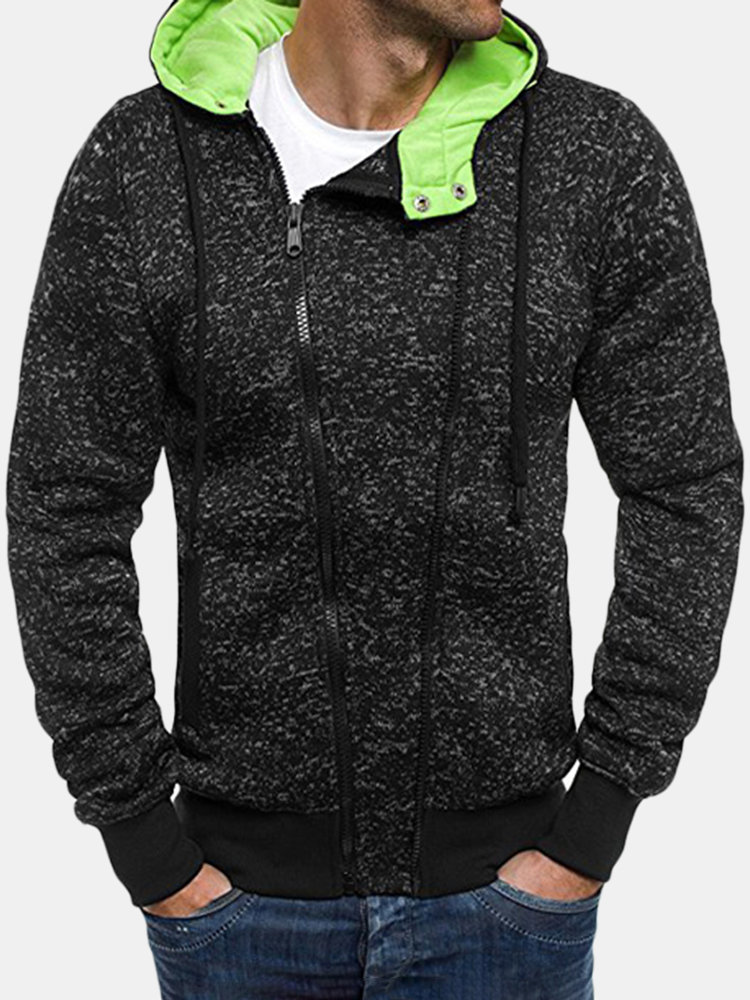 

Hit Color Hooded Zip Up Sport Sweatshirts, Black gray dark blue