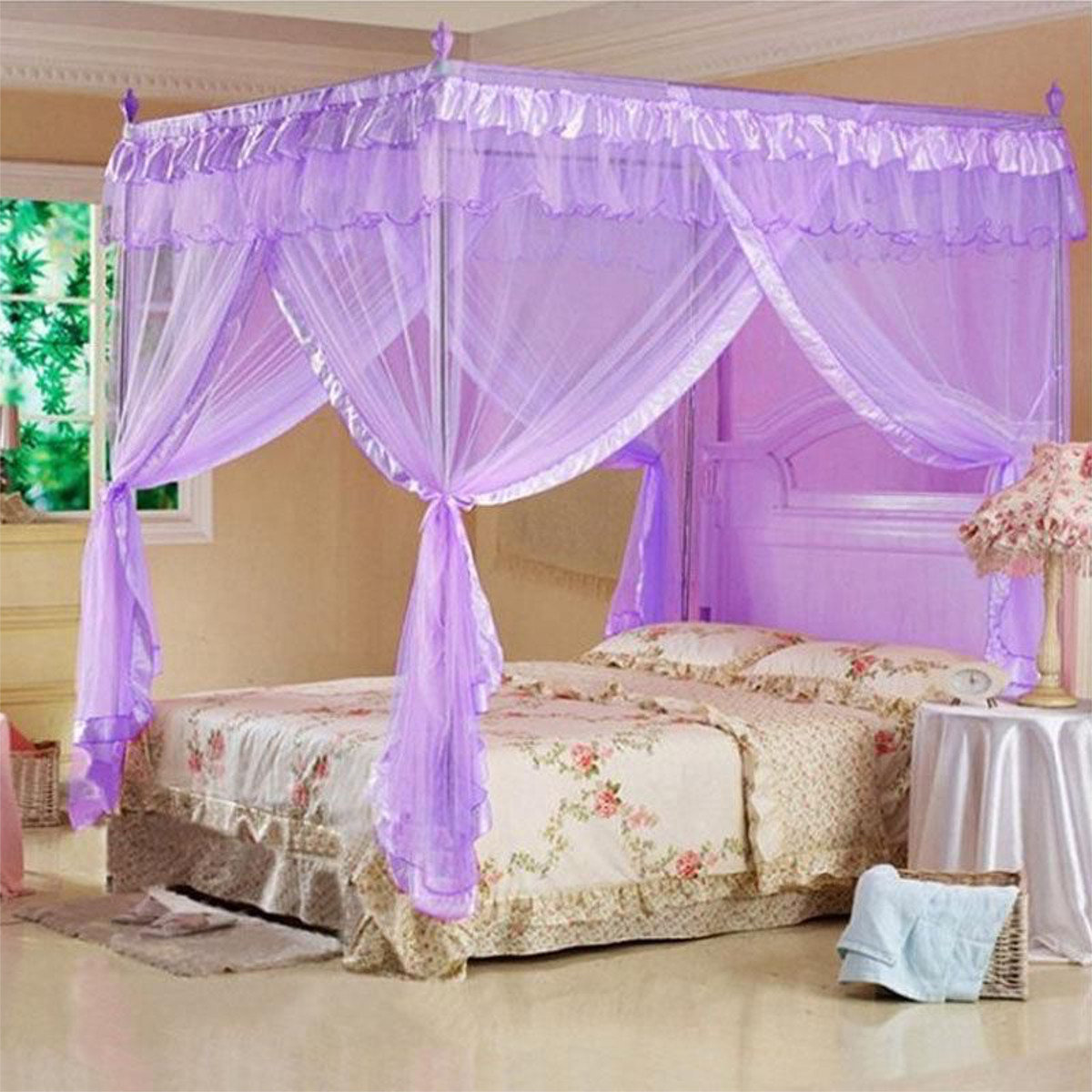 

1.2~1.8M 4 Post Retro Lace Bed Mosquito Net With Bracket Netting Purple Decor Queen King Size