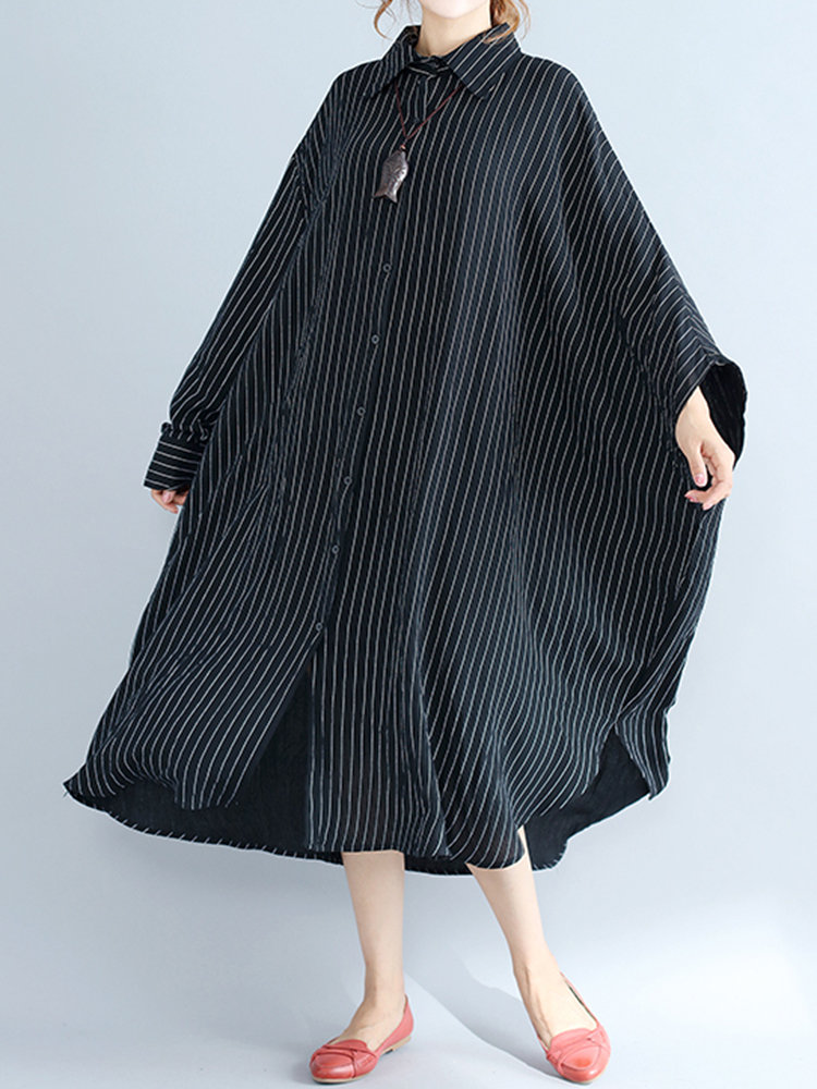

Striped Split Irregular Hem Bat Sleeve Dress, Black