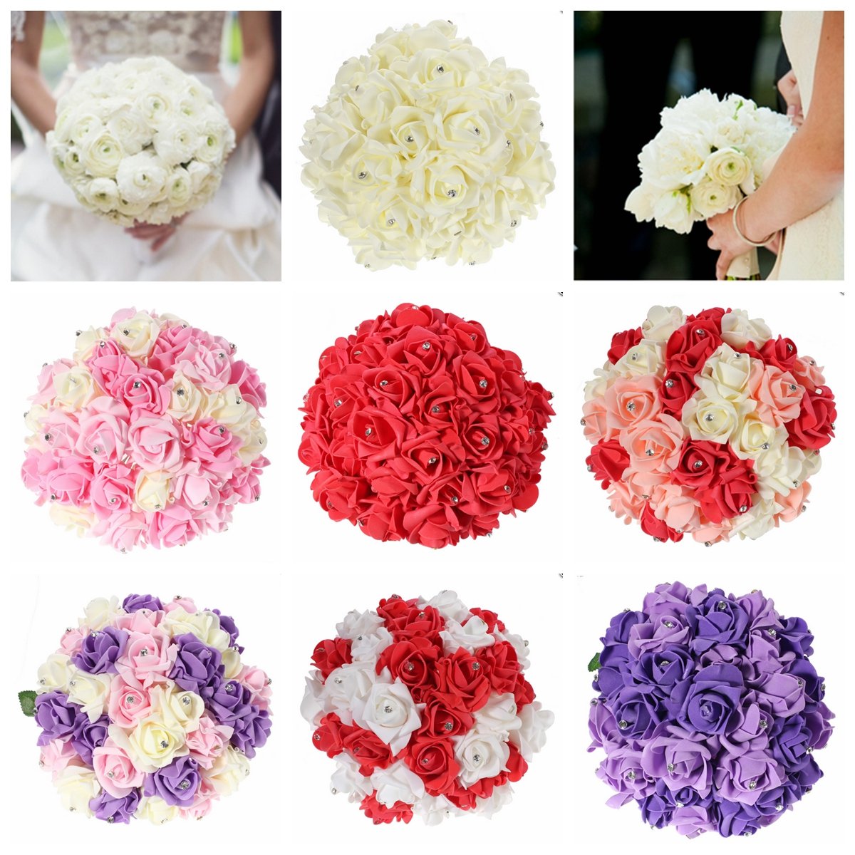 

30 Heads Colourfast Foam Crystal Artificial Roses Flower Home Wedding Bride Bouquet Party Decoration, White blue white black/orange black/red red black/white black/red/green purple black/red/blue black/green/red
