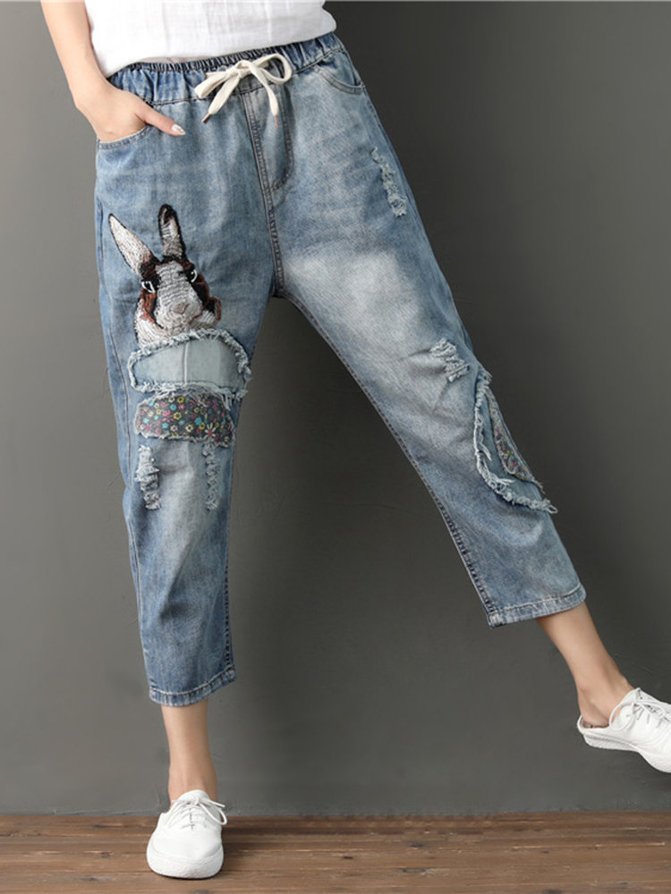 

Rabbit Embroidered Ripped Denim, Blue