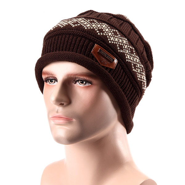 

Male Fleece Lining Knitted Slouch Beanie Hat Double Layers Winter Outdoor Thermal Cap, Black khaki gray coffee