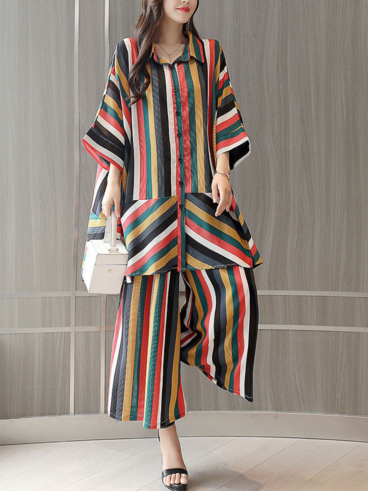 

Stripes Loose Blouses and Wide Leg Pants, As picture shows