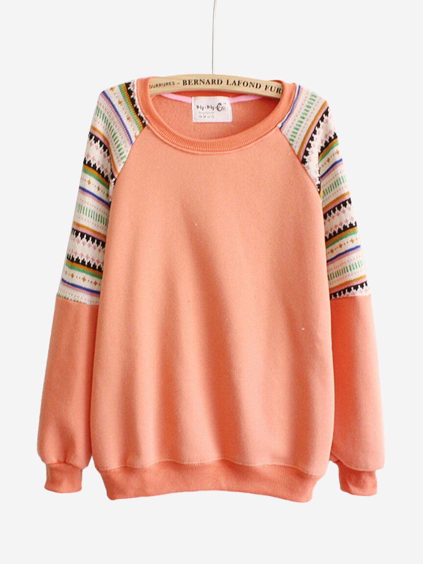 Stylish Women Mix Color Embroidery Long Sleeve Fleece Inside Sweatshirt ...