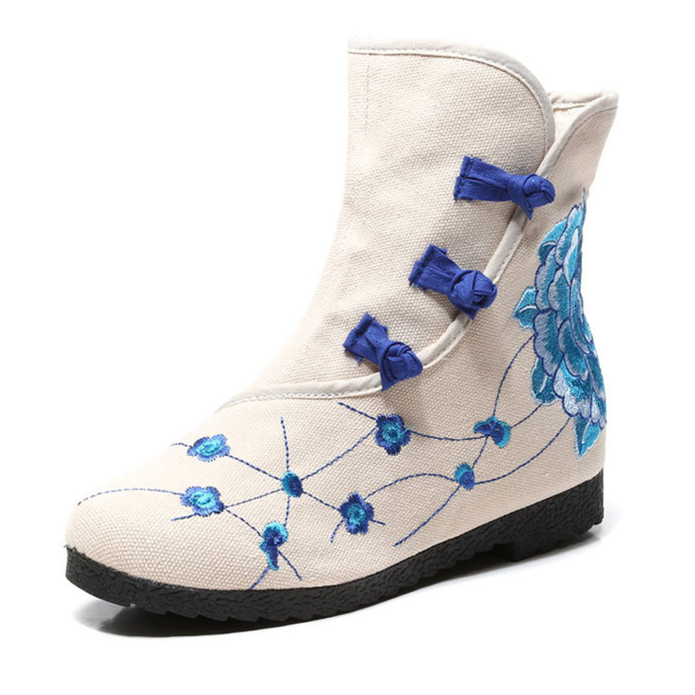 

Embroidered Hidden Heel Buckle Folkways Boots, Red white