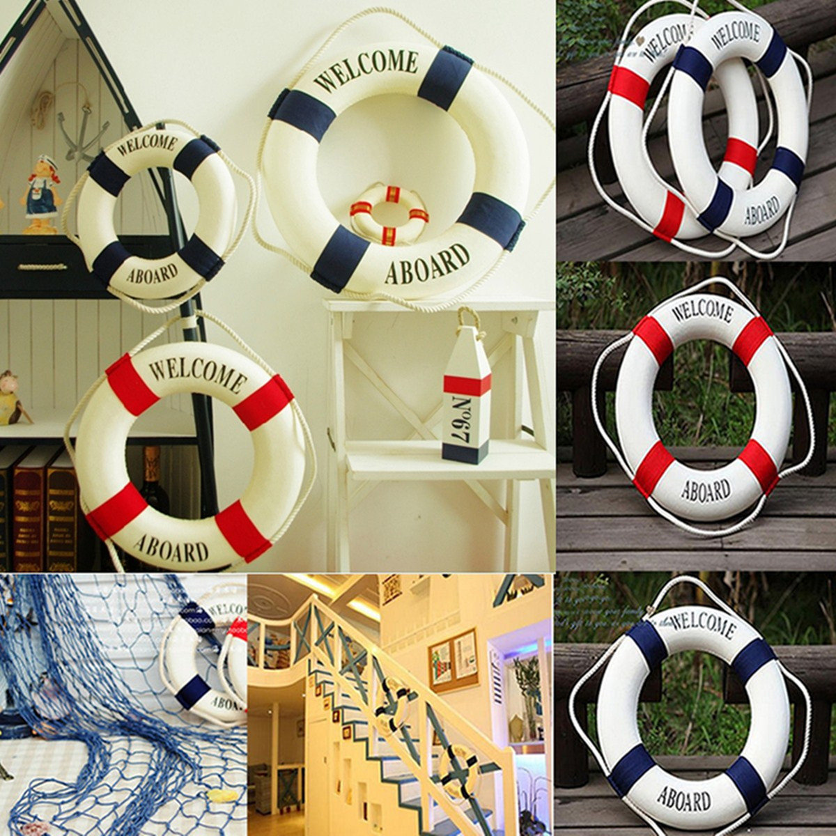 

Mediterranean Style Welcome Aboard Decorative Life Buoy Home Decor, Red cm blue cm