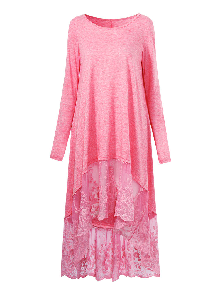 

Solid Lace Insert Embroidery Irregular Hem Long Sleeve Dresses For Women, Pink black camel white purple