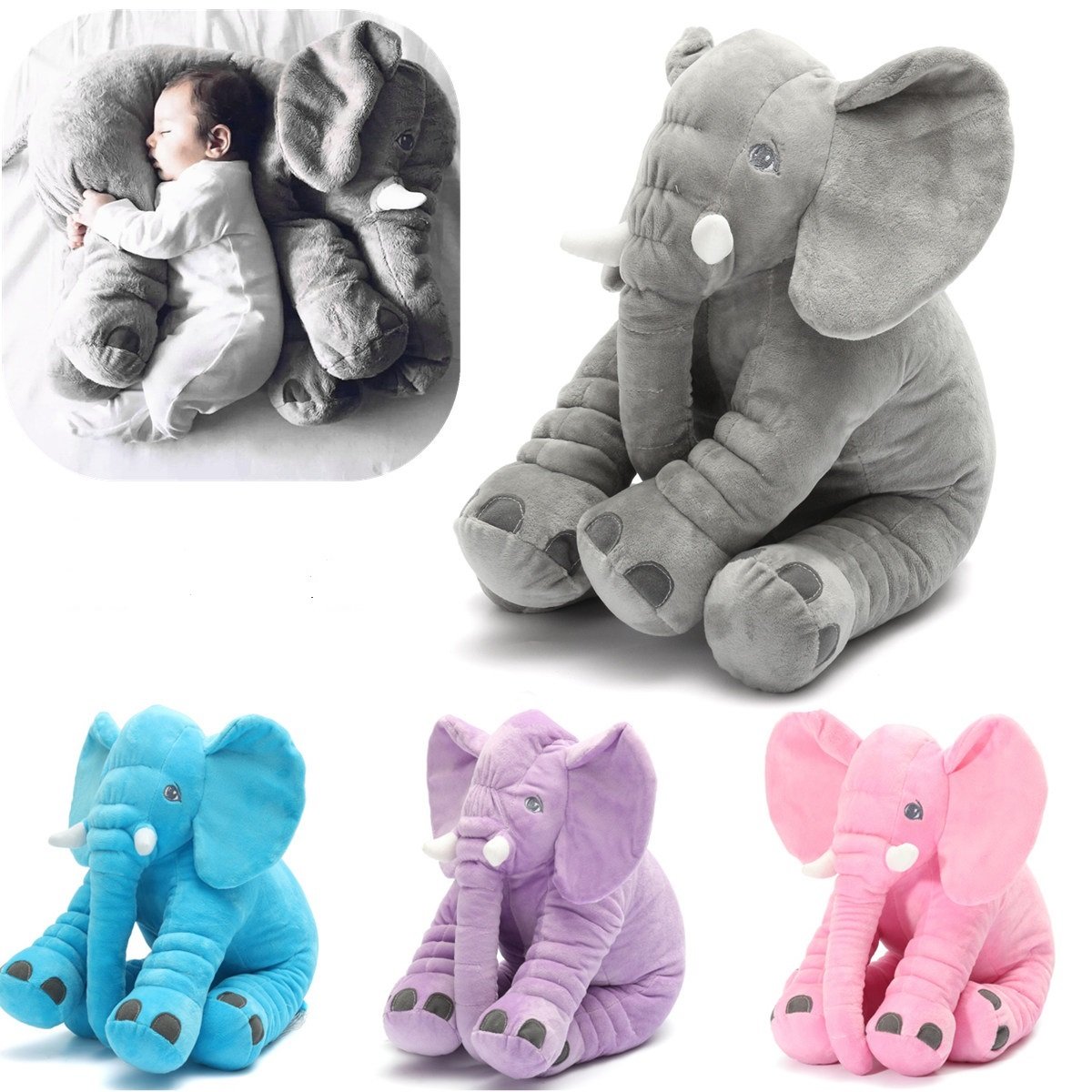 

Little Baby Children Long Nose Lumbar Elephant Sleeping Pillow Hold Doll Toys, Pink grey purple blue