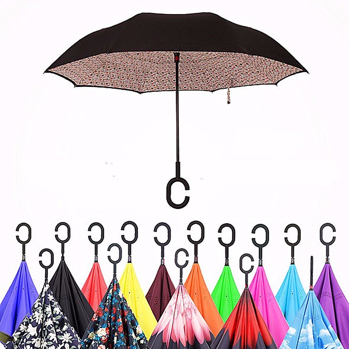 

C shaped Multi Color Double Layer Inverted Reverse Umbrella, White