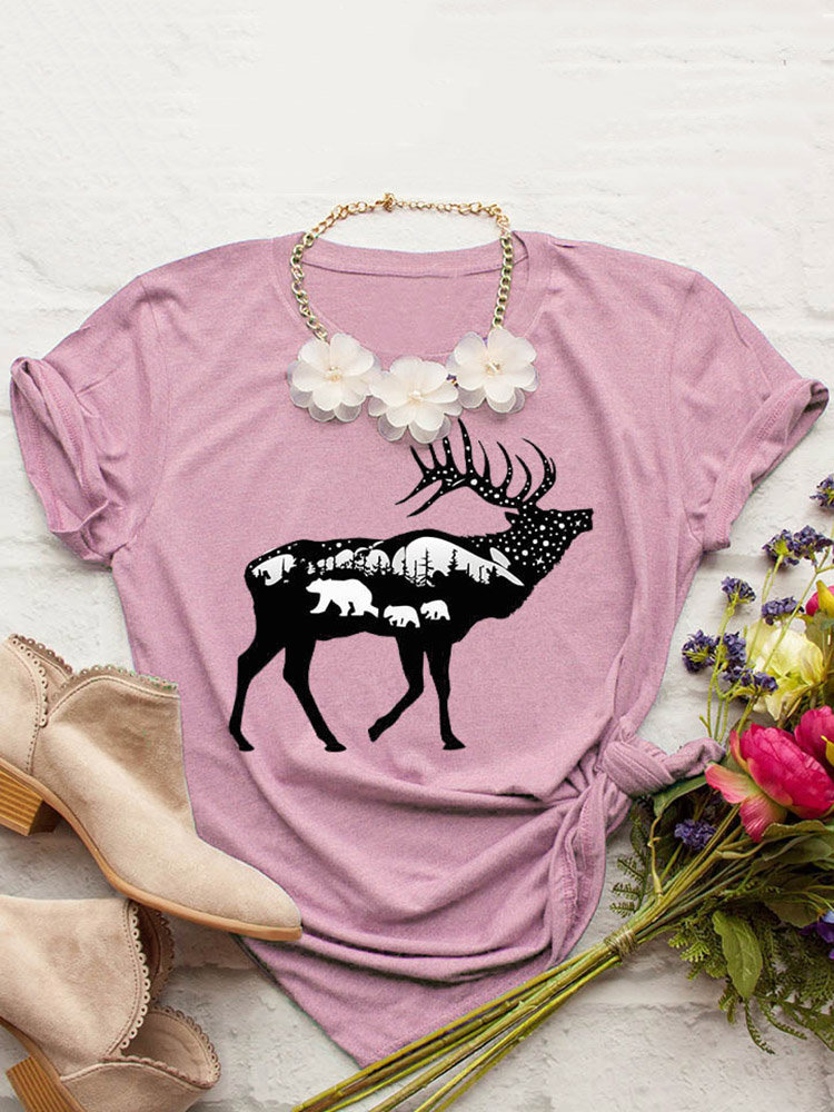 

Printed Elk Short Sleeve T-Shirts, Dark grey yellow pink white green wine red grey