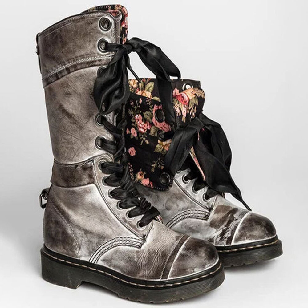 

Cuffed Floral Lace Up Motorcycle Boots, Black brown grey