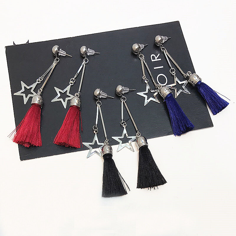 

Sweet Five-Pointed Star Tassel Earrings, Black blue red