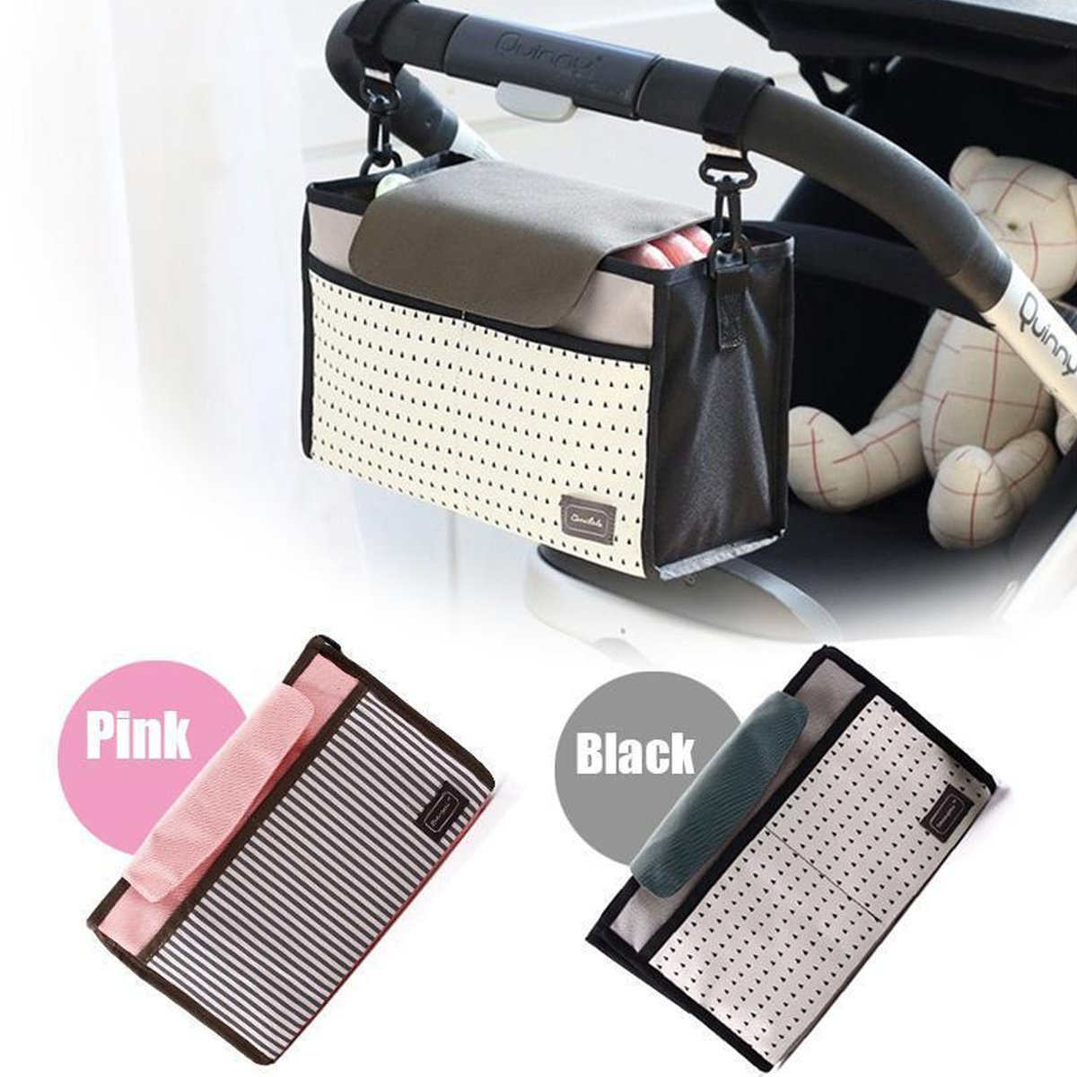 

Universal Baby Trolley Useful Storage Diaper Bag Basket Stroller Pram Organizer, Pink black