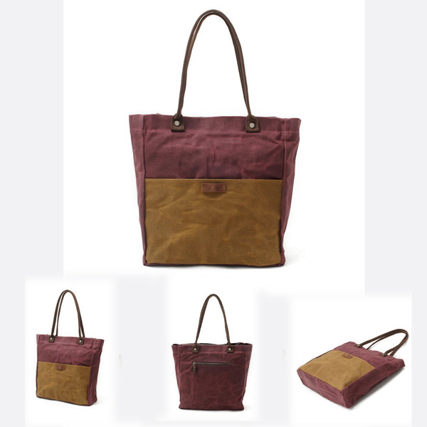 

Women Waterproof Waxing Canvas With Leather Tote Bag Patchwork Handbag, Khaki black army gray wine red