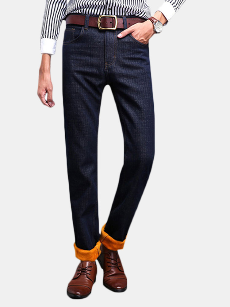 

Winter Casual Business Thicken Cotton Slim Denim Straight Leg Mid-Waist Jean for Men, Dark blue