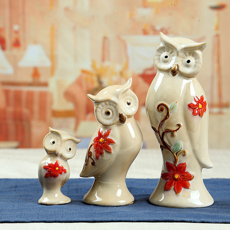 

3Pcs Creative Ceramic Owl Ornament Hand-painted Relief Living Room Home Office Decor Handicrafts, White