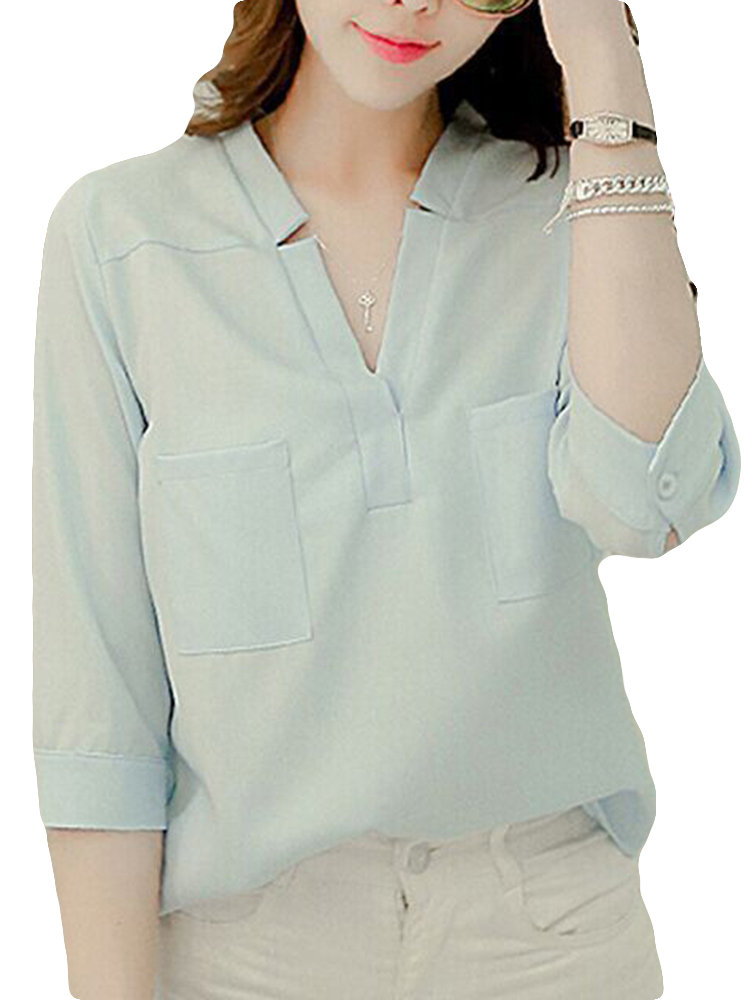

Chiffon Pure Color Seventh Sleeve V-neck Shirt, White black grey light blue pink
