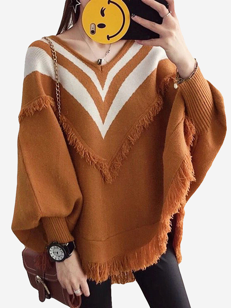

Striped V-neck Bat Sleeve Fringed Sweater
