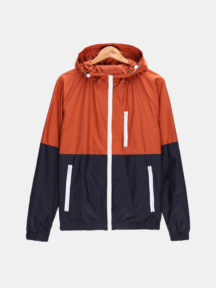 

Multi-pocket Windproof Patchwork Jacket, Dark green orange gray dark blue