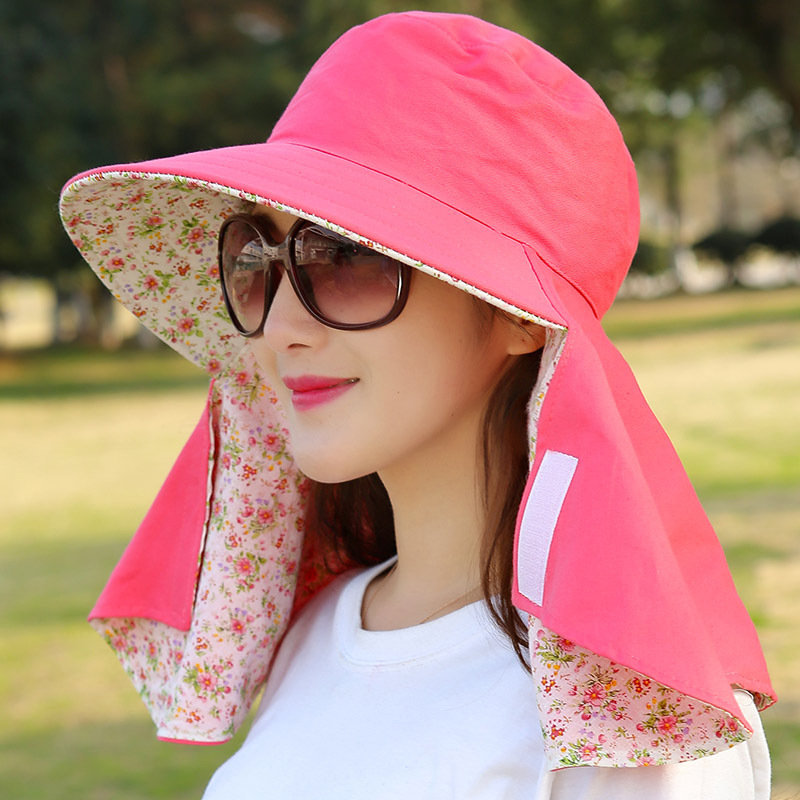 

Women Outdoor Gardening Face Neck Sunscreen Wide Brim Beach Hat Double-side Flower Printed Caps, White watermelon red