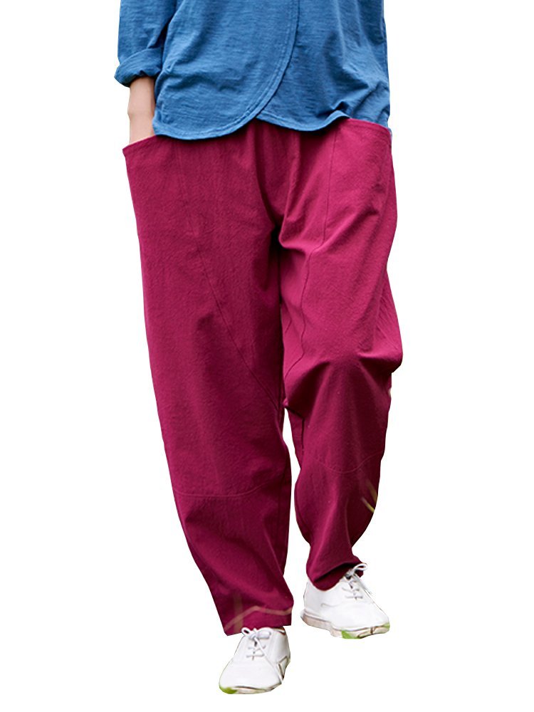 

Women Solid Patchwork Linen Casual Pants, White dark blue white wine red
