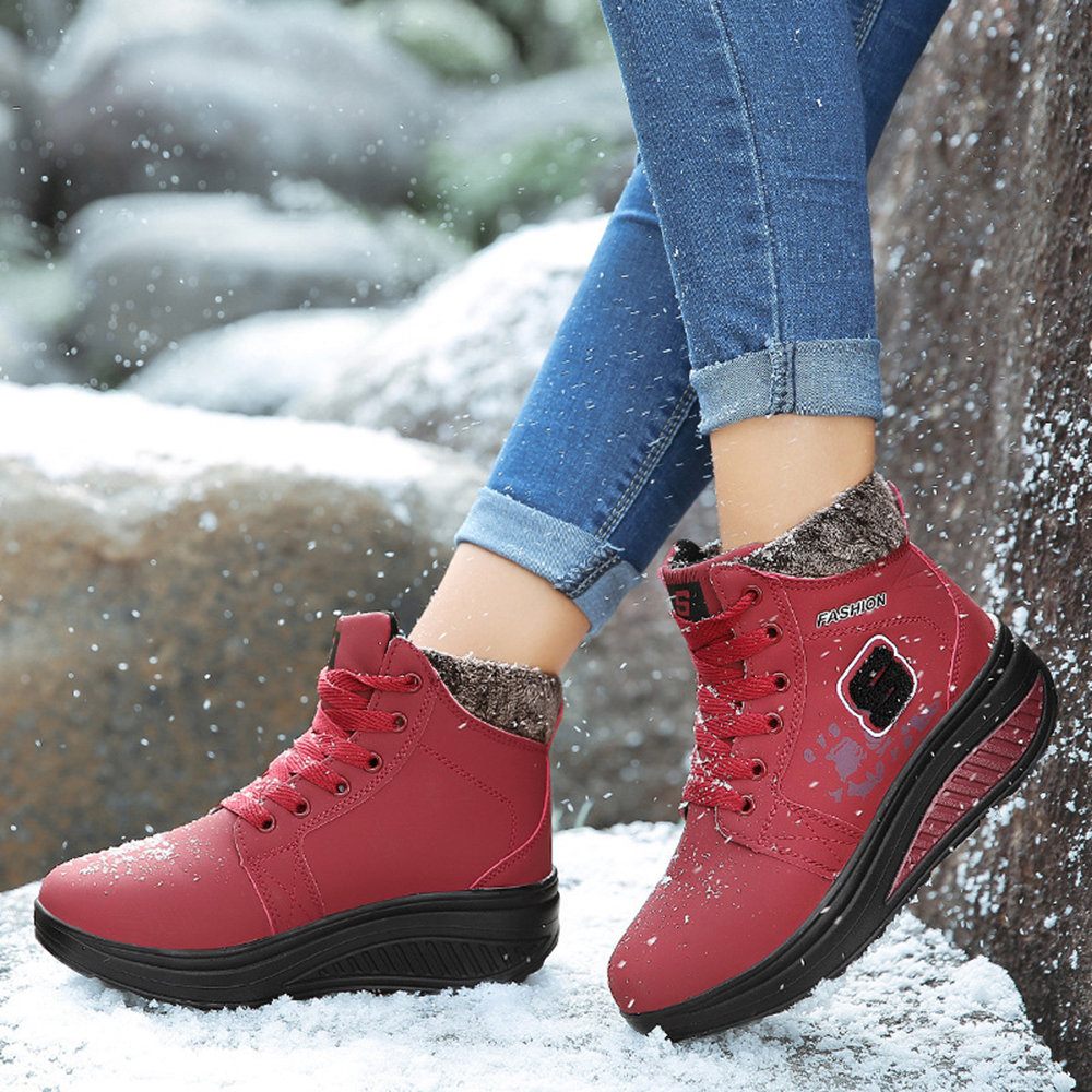

Pattern Lace Up Rocker Sole Platform Warm Lining Snow Boots, Red black brown